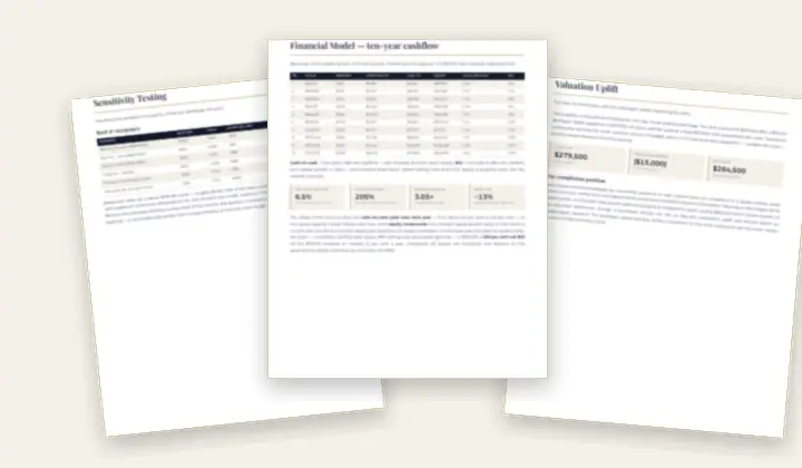 Inside pages of a sample dual-key Property Investment Report: financial model, sensitivity testing and valuation