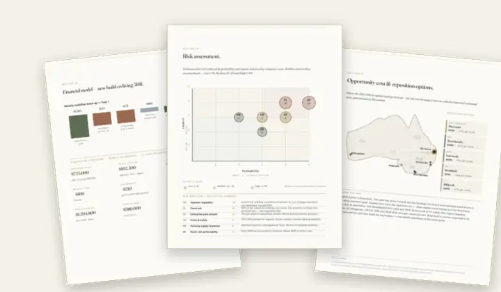 Inside pages of a sample Suburb Evaluation: financial model, risk matrix and opportunity cost map